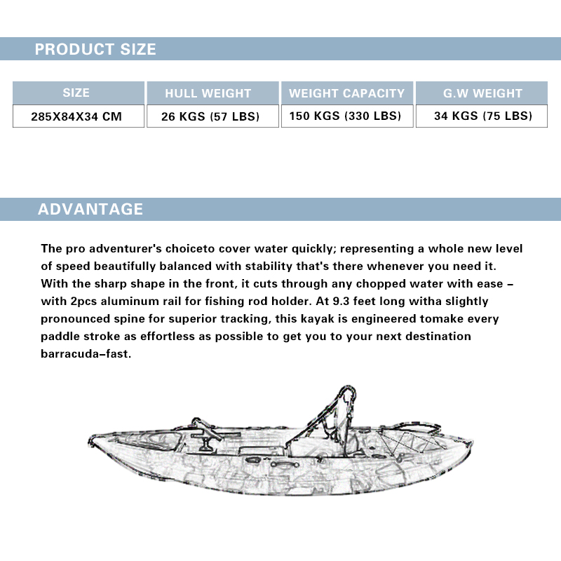 Caiaque marítimo rotomoldado para uma única pessoa, para pesca e acampamento, material de casco LLDPE, barco a remo à venda